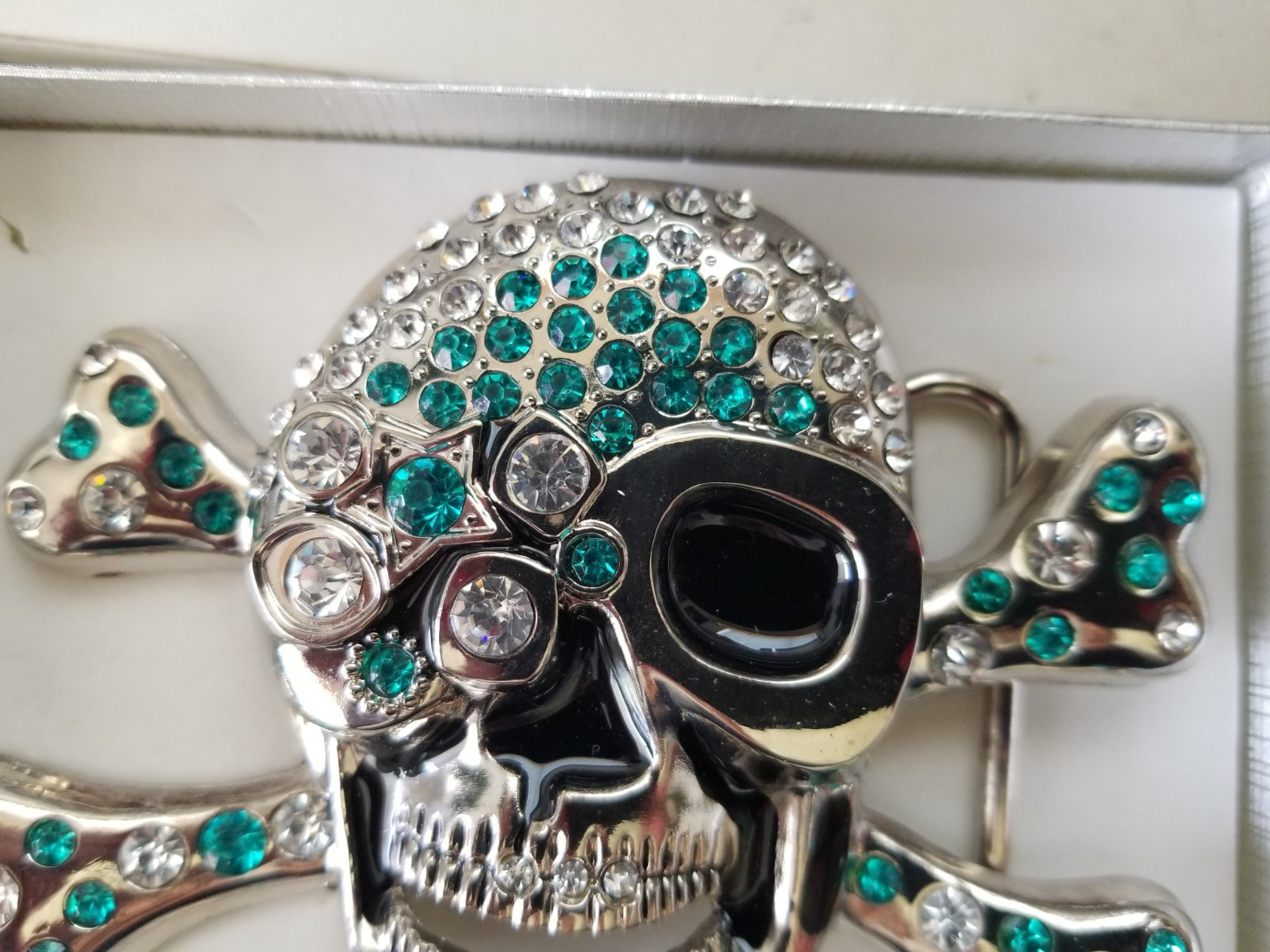 Skull & Crossbones Silver Heavy Metal Belt Buckle with Aqua & White Rhinestones