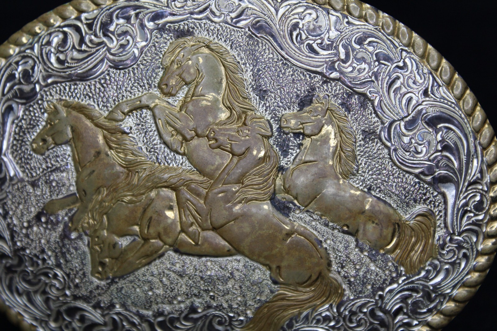 Crumrine Wild Horses Oval Western Belt Buckle Metal Gold Silver