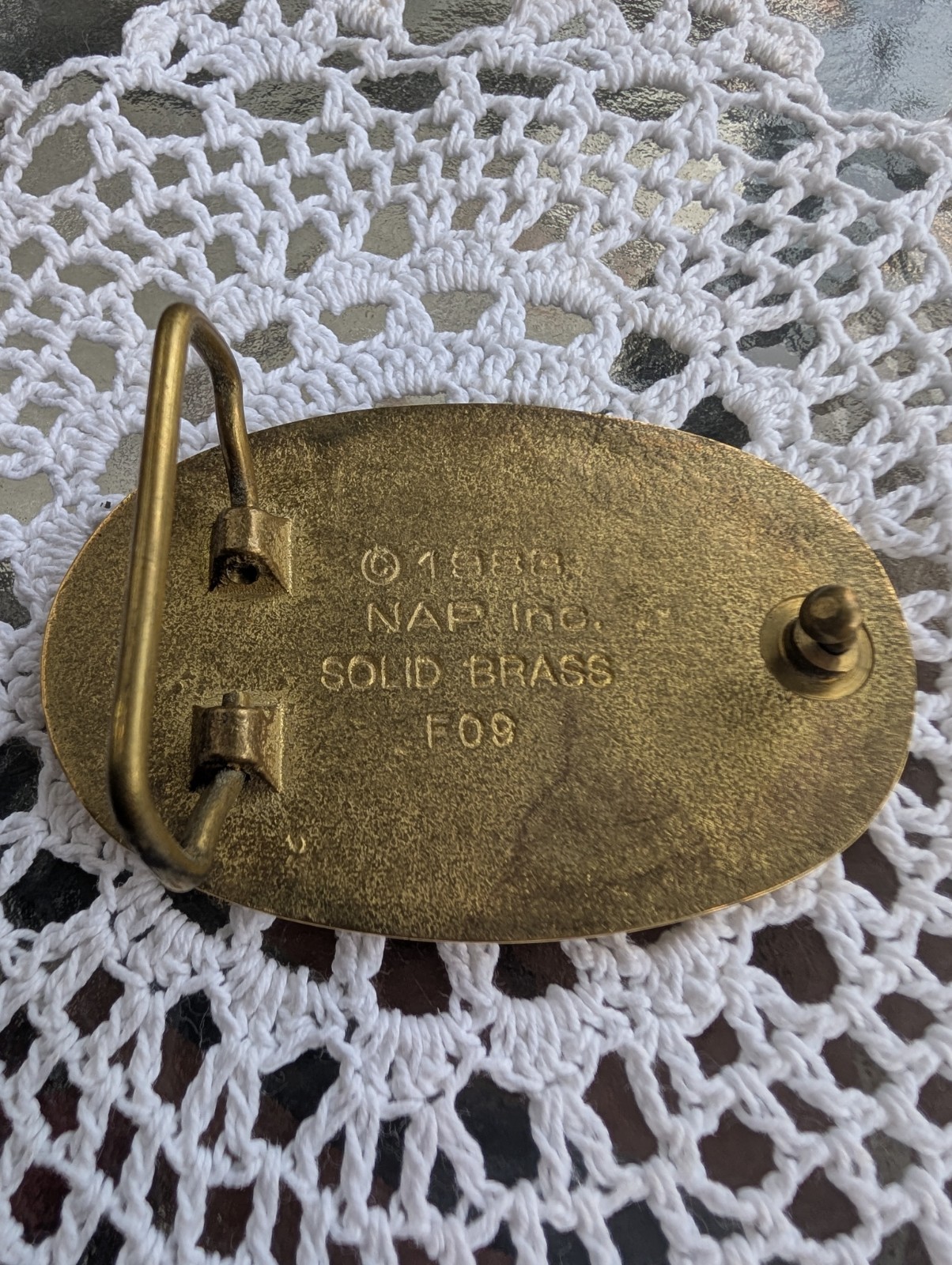VTG 1983 NAP Inc Masonic Belt Buckle Solid Brass Blue Enamel Oval 3.25in C01