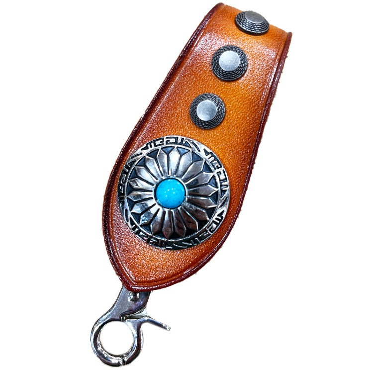 Western Leather Keychain, Turquoise Accent Cowhide Key Ring Clip Car Key Holder