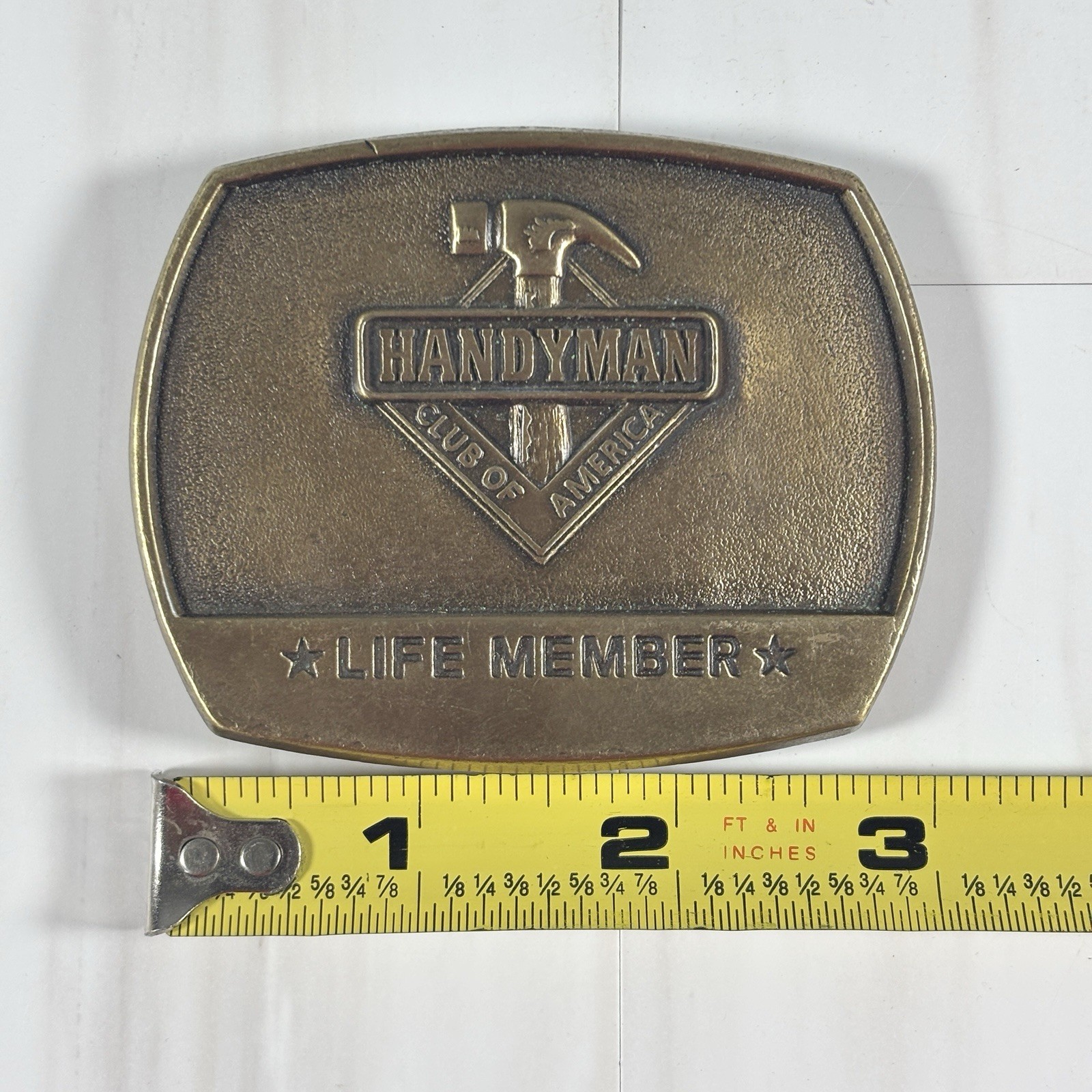Vintage BRASS Handyman Club of America Belt Buckle Life Member Hammer 1996
