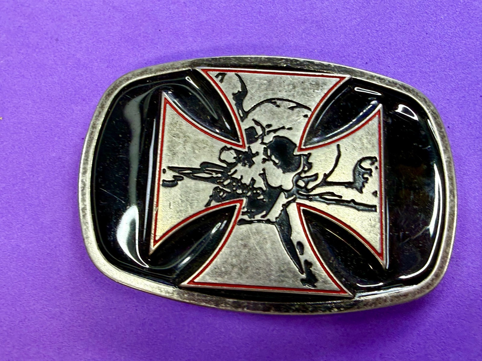 Maltese Iron Cross with Skull Cutout Black Enamel Gothic Punk Vibe Belt Buckle
