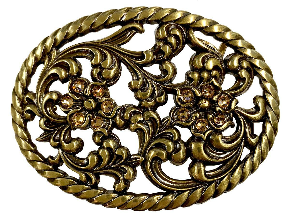 Antique Brass Flower Engraved Light Colorado Topaz Rhinestone Buckle