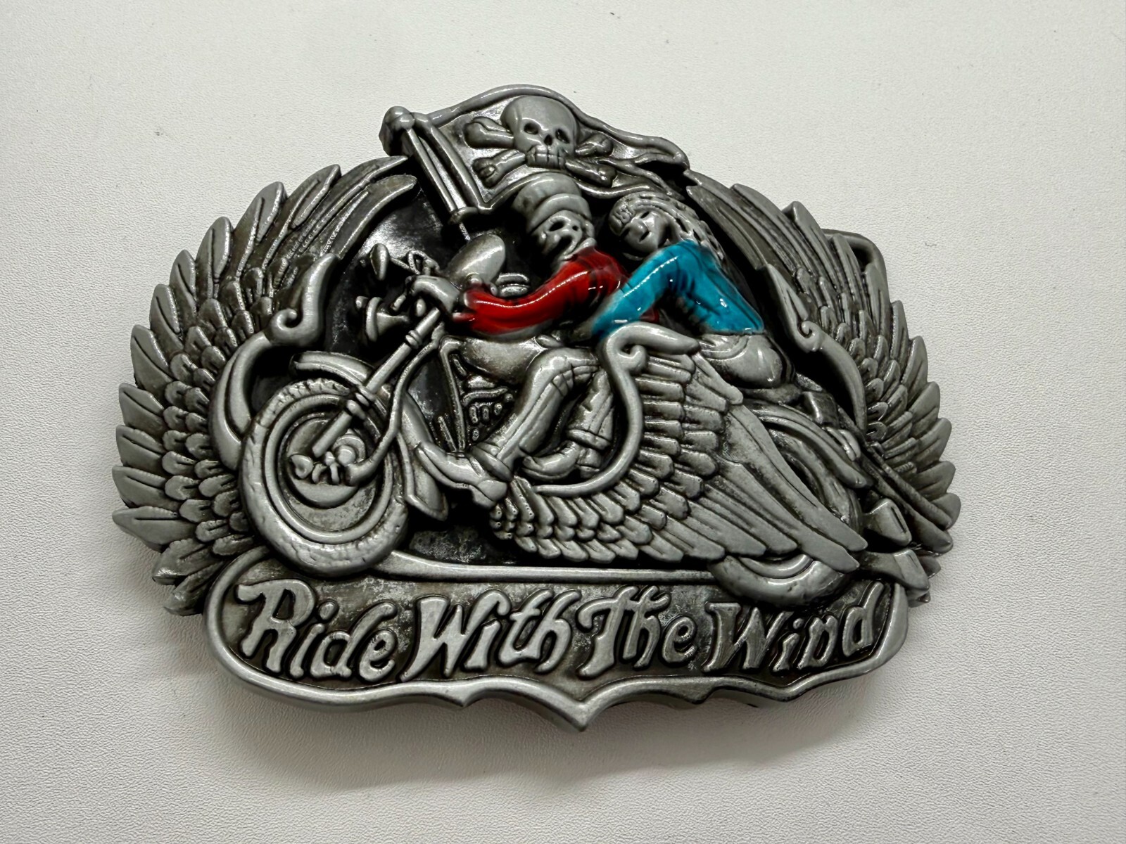 Ride With The Wind Wings Skull Flag Motorcycle Bikers Riders Cutout Belt Buckle