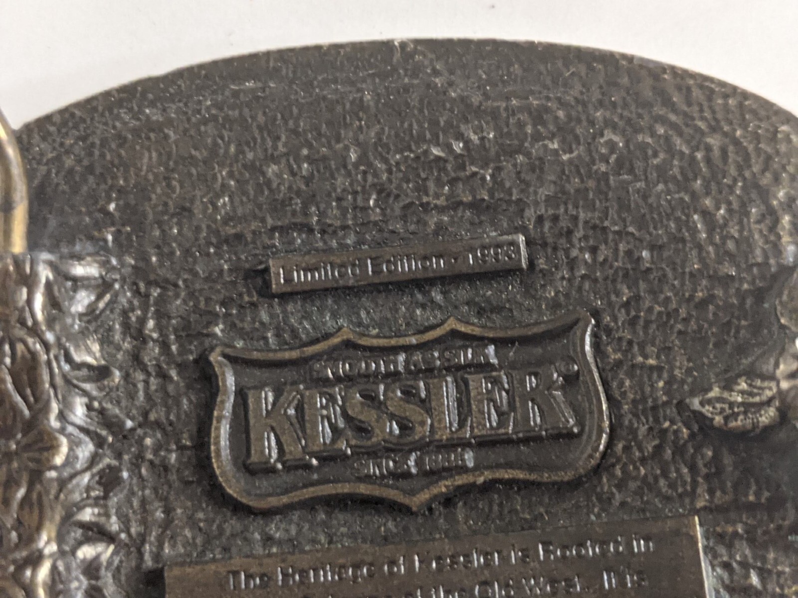 Kessler Belt Buckle The Spirit of Wisconsin 1993 Smooth as Silk bronze wearing
