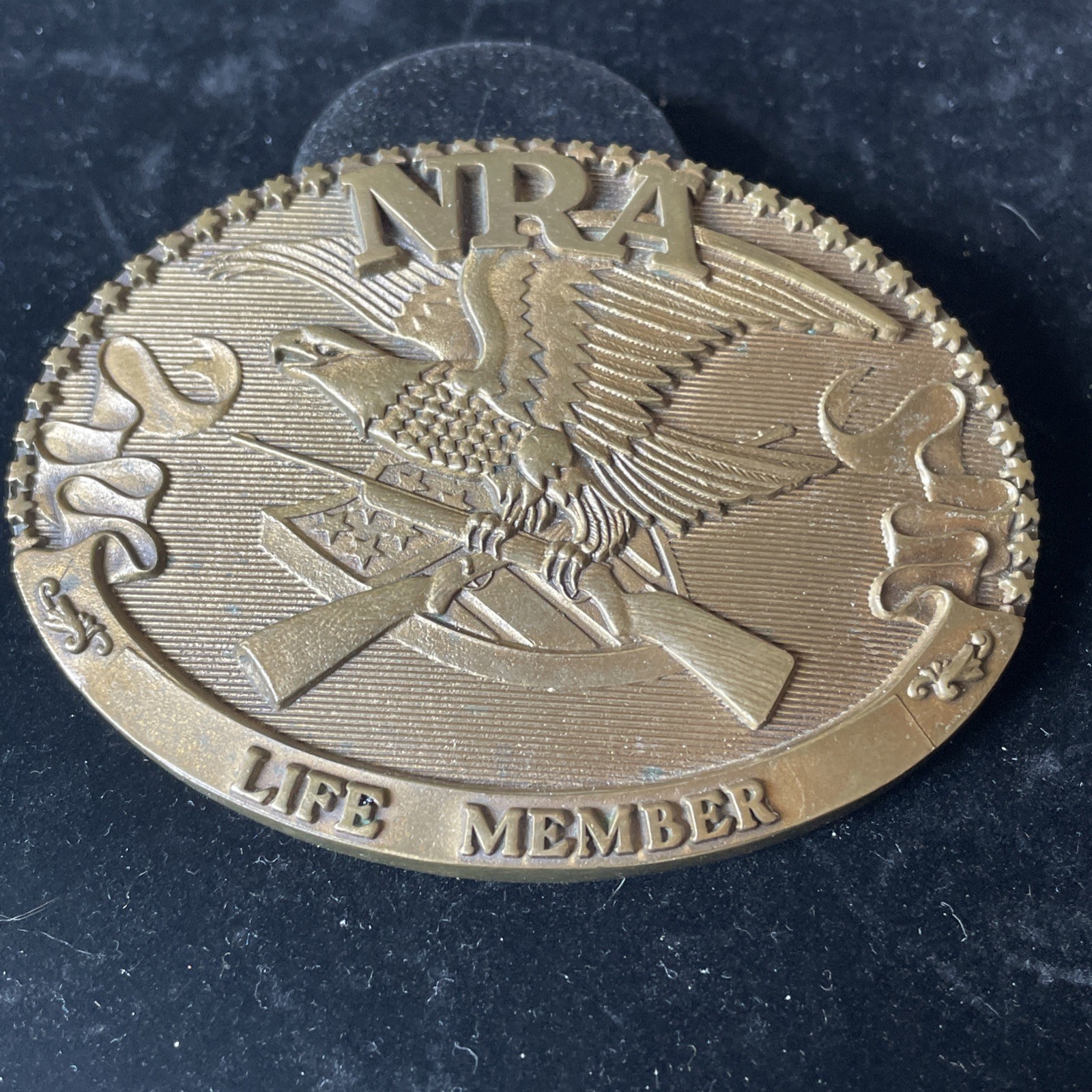 Vtg NRA Solid Brass LIFE MEMBER Belt Buckle Collectors USA Norman Foundry 1985
