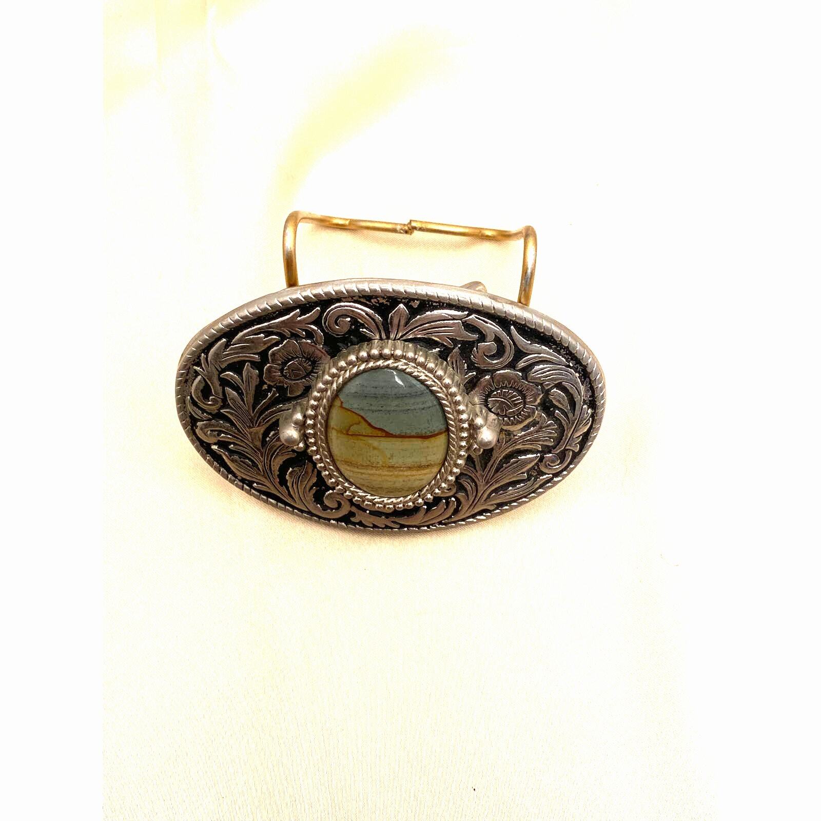 Vintage Silver Belt Buckle with Blue/Brown Natural Stone. Floral/Leaf Design