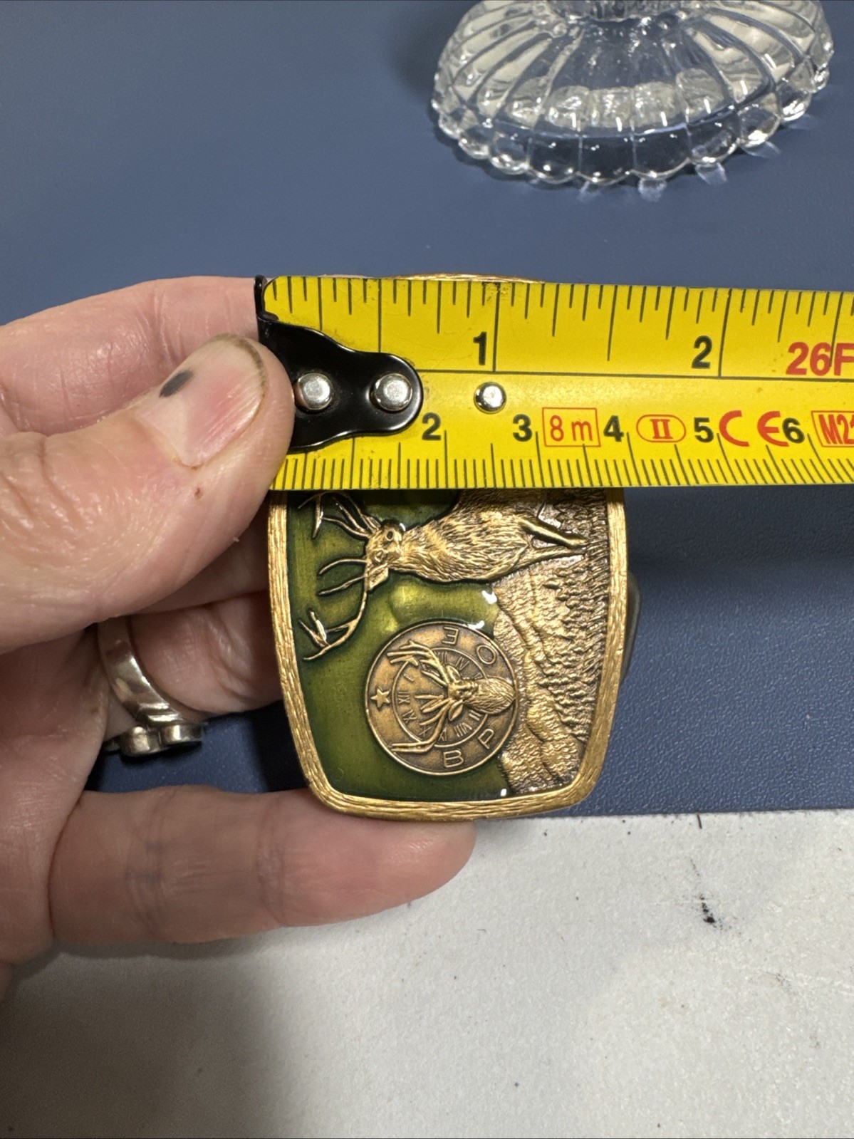 Vintage 1981 Harry Klitzner Co BPOE Elk Deer Green Enamel Belt Buckle Brass Tone