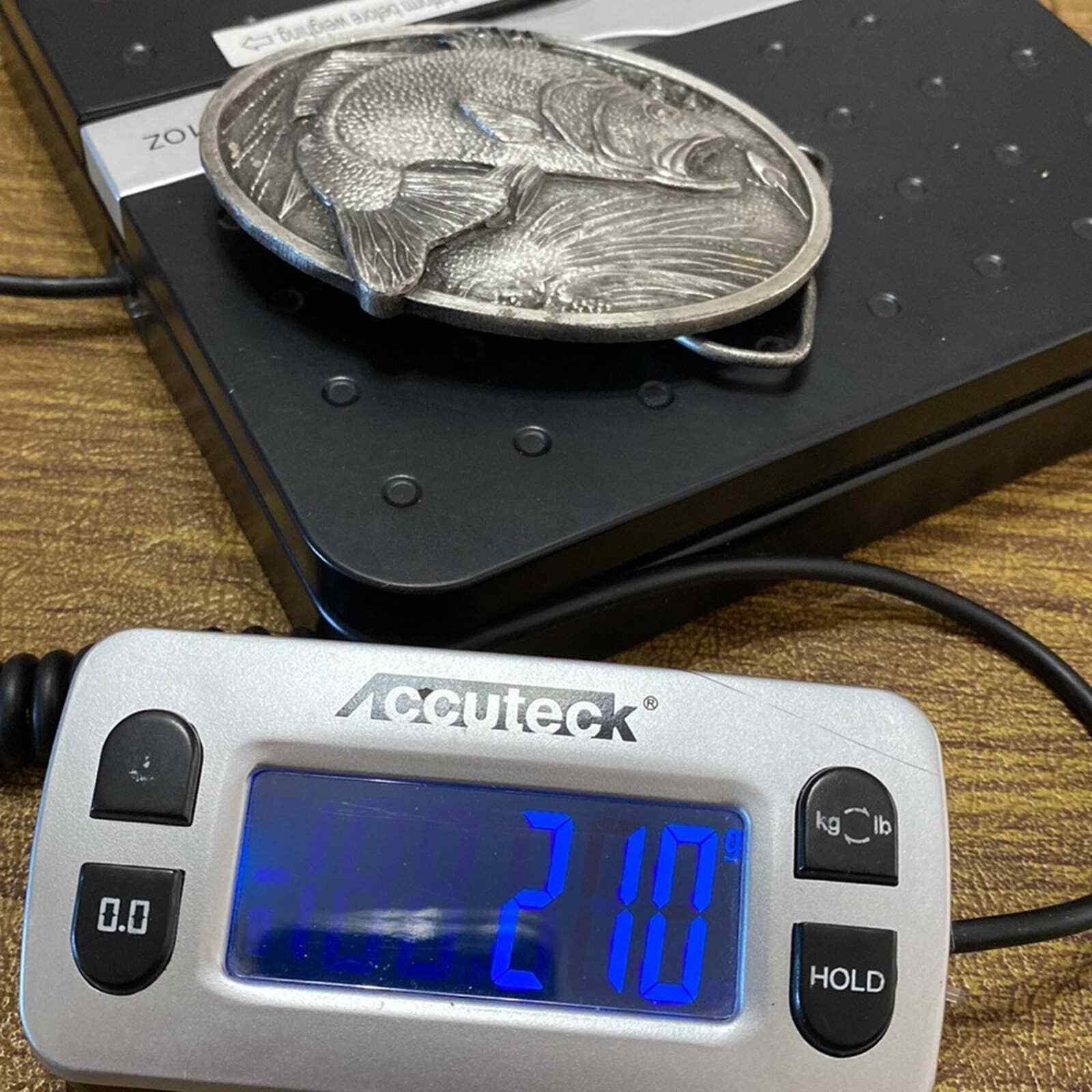 Vintage 1977 3D top water jumping Bass Pewter Gray Bergamot X-144 Belt Buckle