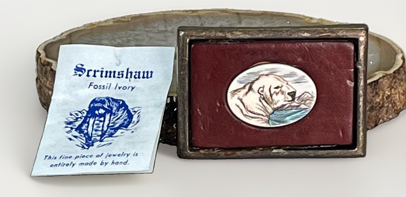 VTG Solid Brass Belt Buckle w/ Leather Native Made Polar Bear Scrimshaw Center