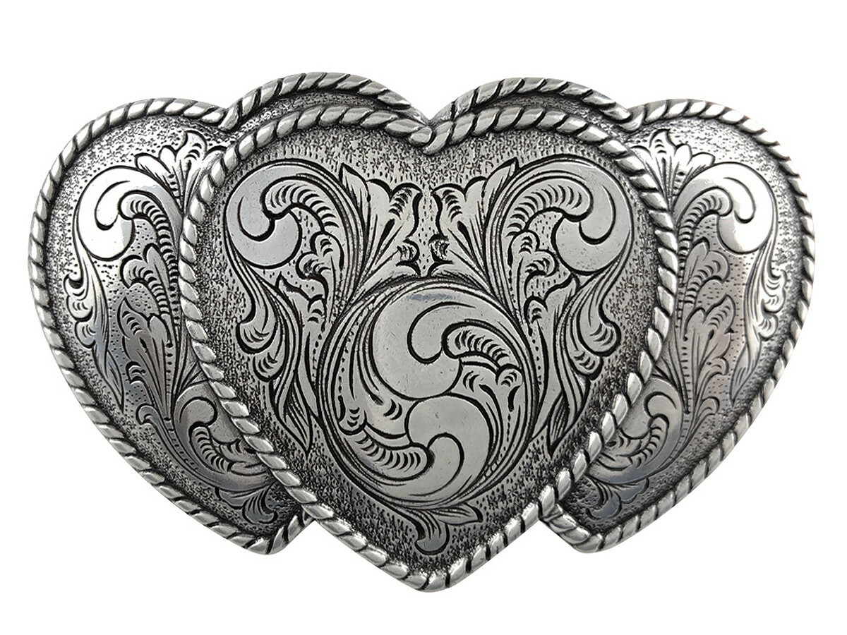 Engraved Triple Hearts Cowgirl Sterling Silver Plated Ladies Western Belt Buckle