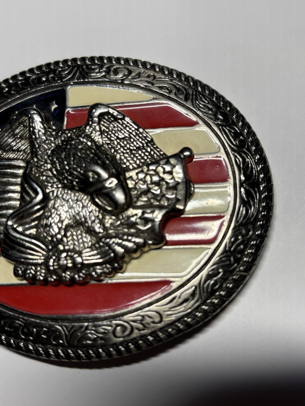 Belt Buckle American Flag Eagle Patriotic Silver Metal Red White & Blue