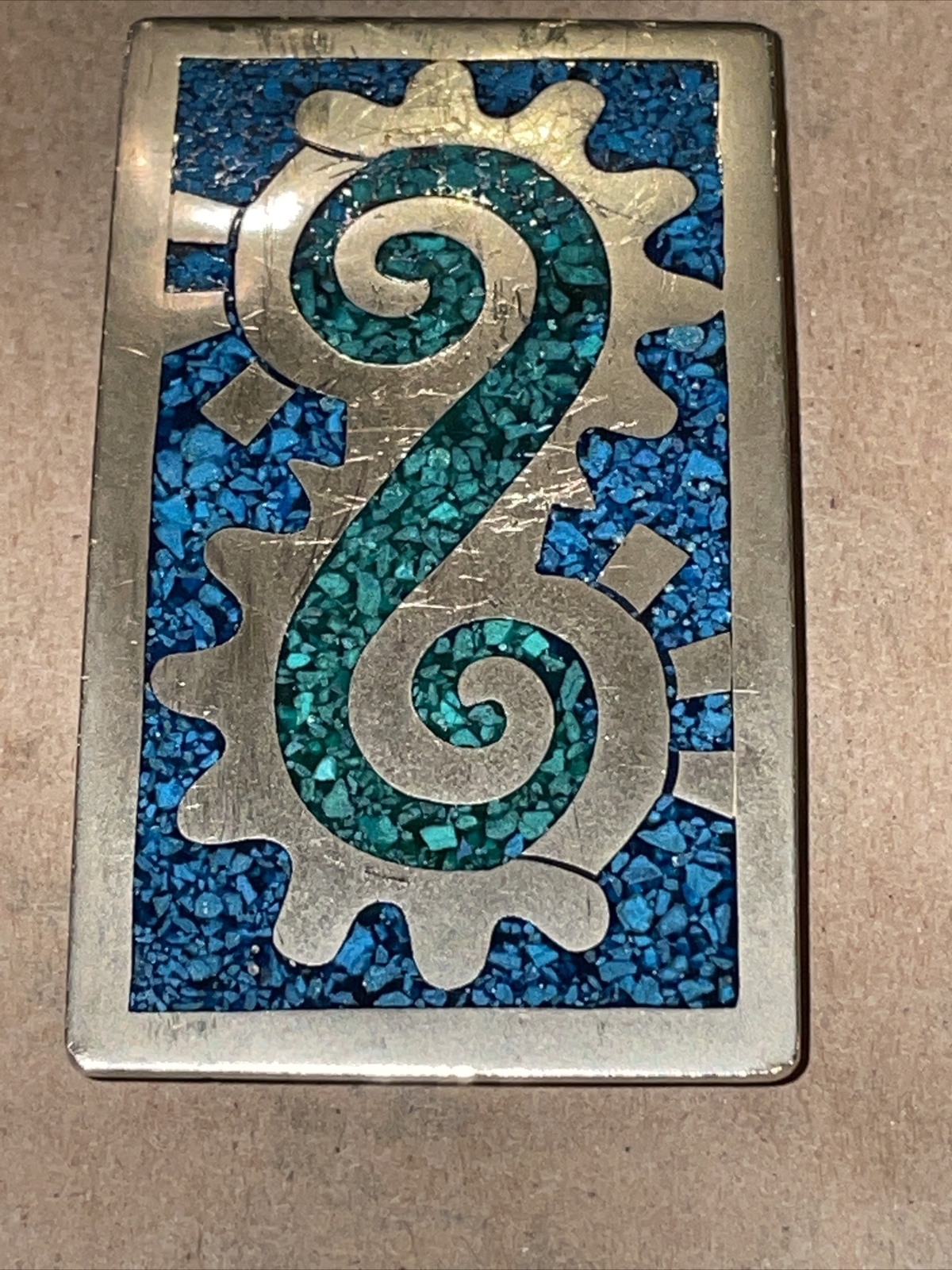 made in MEXICO vintage BELT BUCKLE turquoise SILVER gold 3×1.75” aztec inca