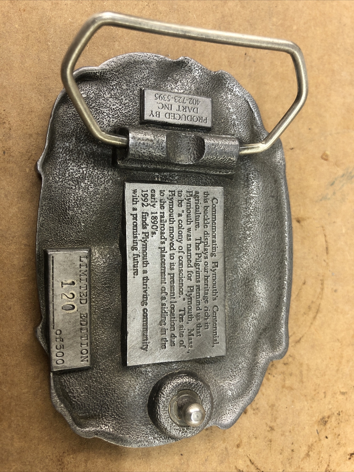 Belt buckle Plymouth NE 1892-1992