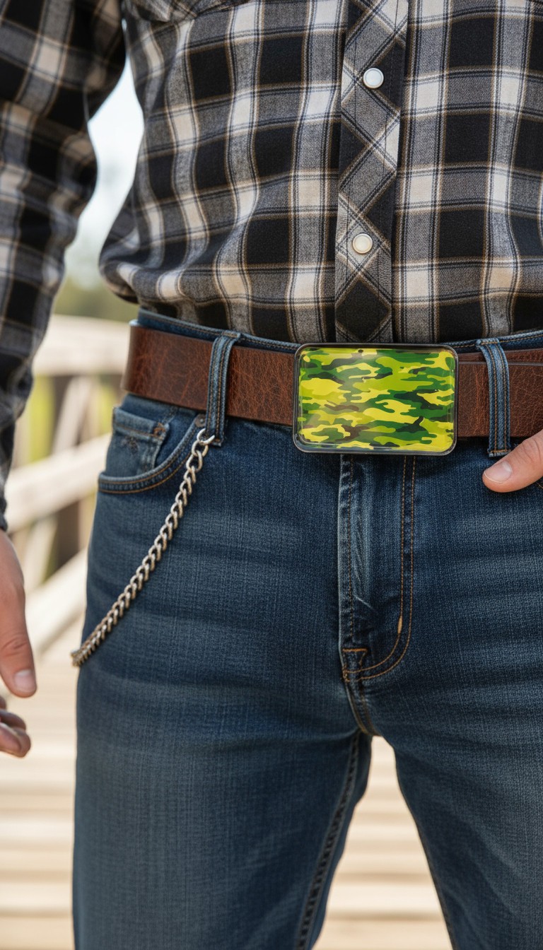 Men Black Metal Fashion Belt Buckle Army Green Color Camouflage Western Hunter