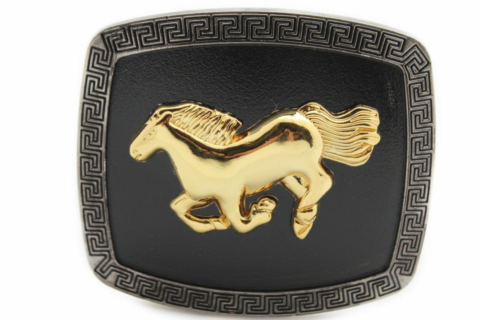 Men Women Western Belt Buckle Silver Metal Square Gold Rodeo Horse Black Fabric