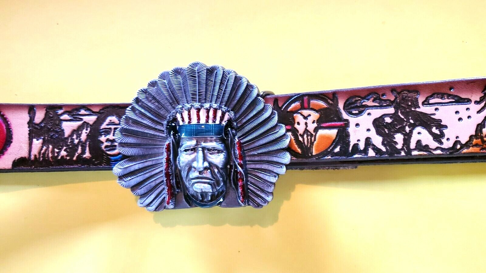 American Indian Theme Genuine Cowhide Embossed Leather Belt and Detailed Indian