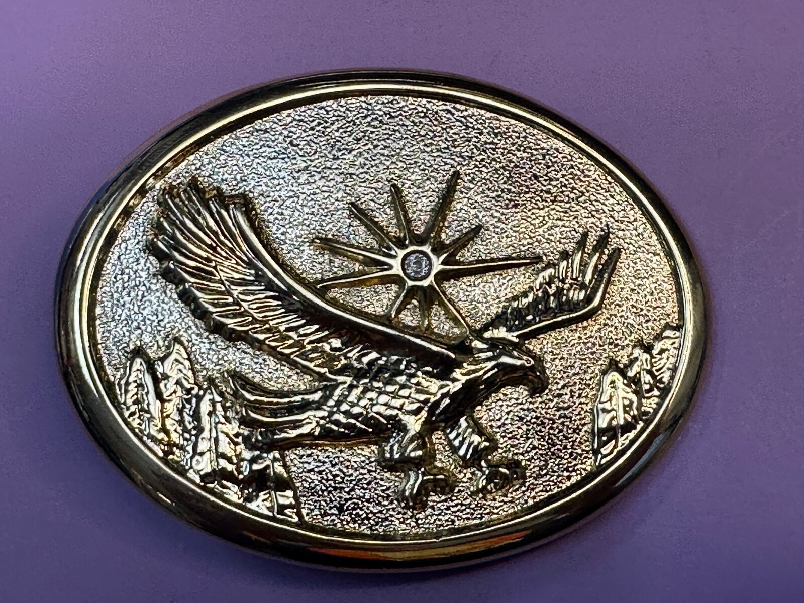 Patriotic American Usa Eagle Flying High Over Mountains W/ Starburst Belt Buckle
