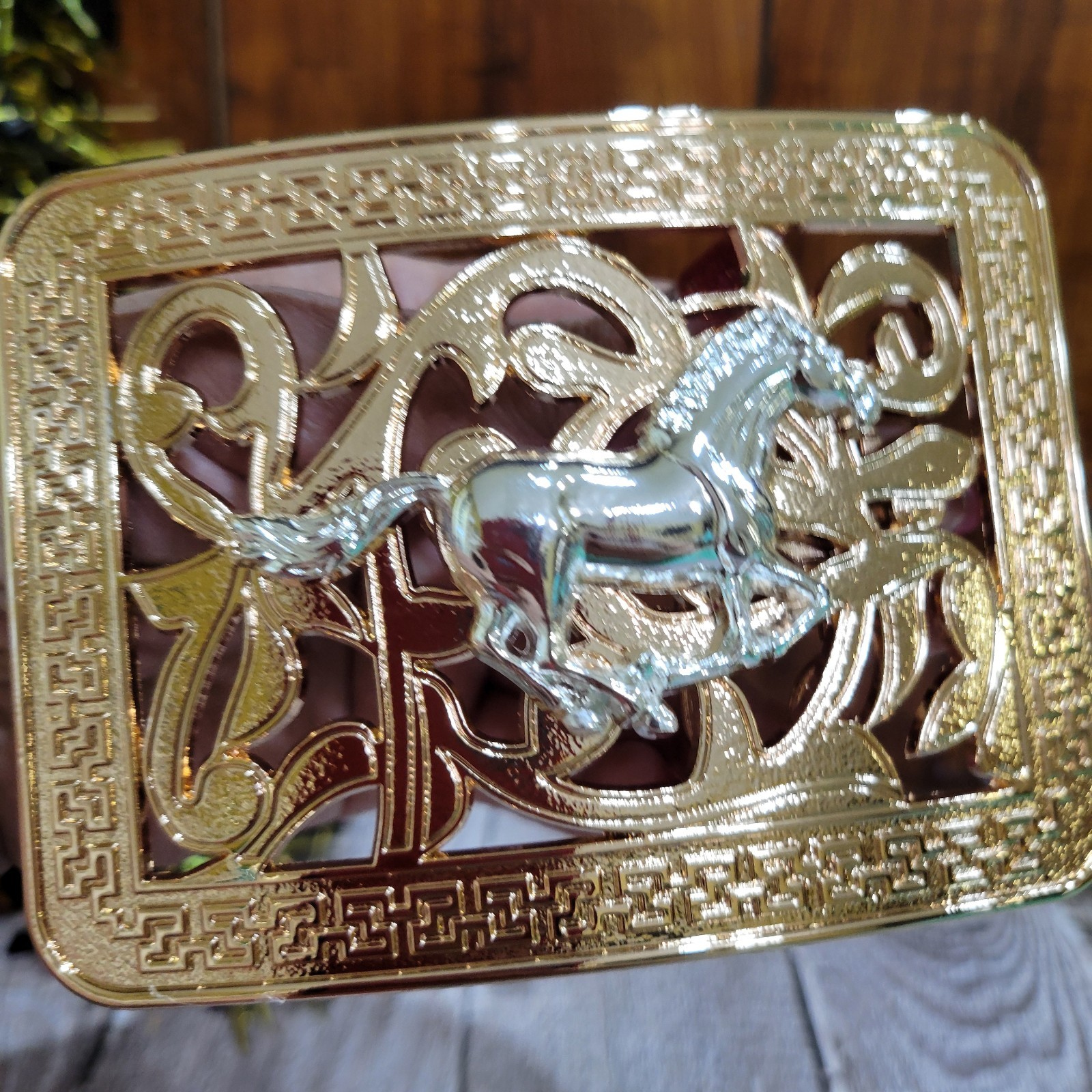 Running Horse Western Belt Buckle Rose Tone And Silver Cowboy Rodeo Buckle