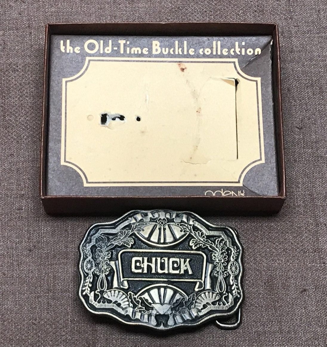 Vintage Oden Inc CHUCK Name Plate Belt Buckle with Original Box