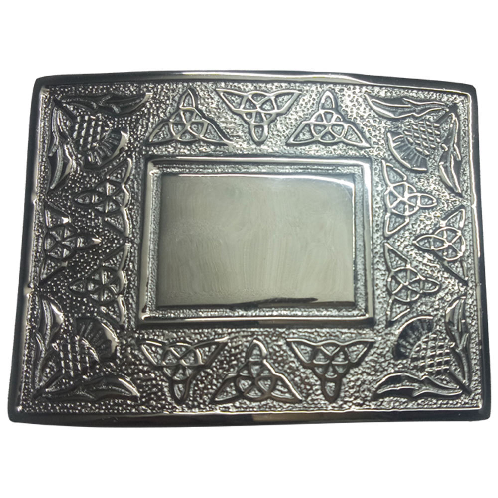 Scottish Belt Buckle Highland 4 Flowers Thistle Celtic Knots Chrome Finish AAR
