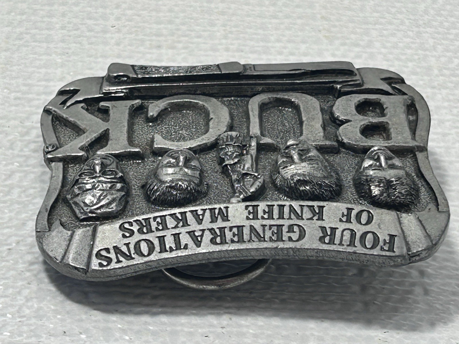 Buck Knives Belt Buckle Four Generations Of Knife Makers Pewter Smoky MT. Knife