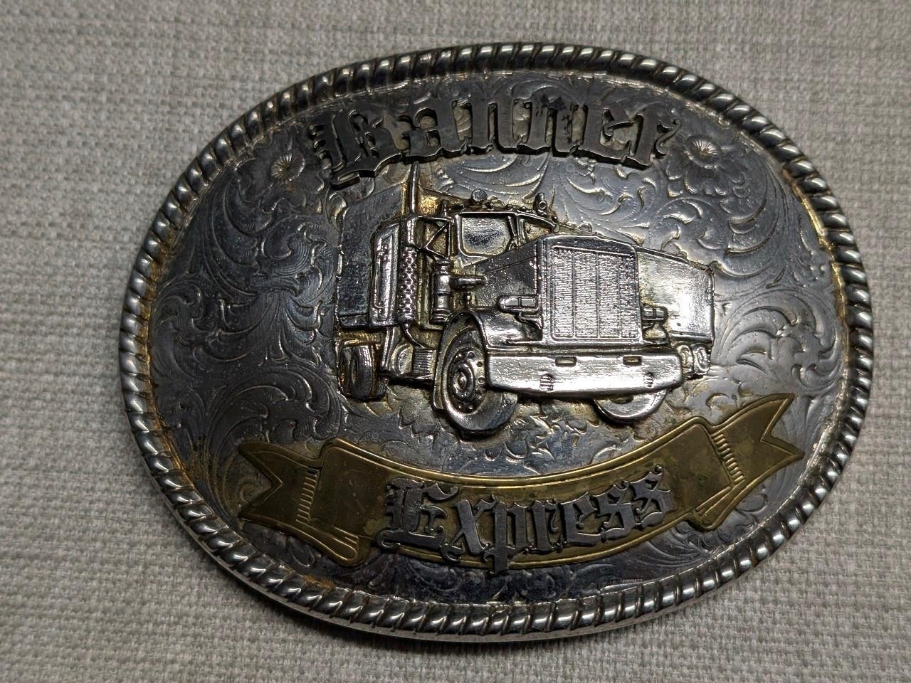 vintage USA made TRUCKER belt buckle OVERSIZED engraved WESTERN cowboy BRASS