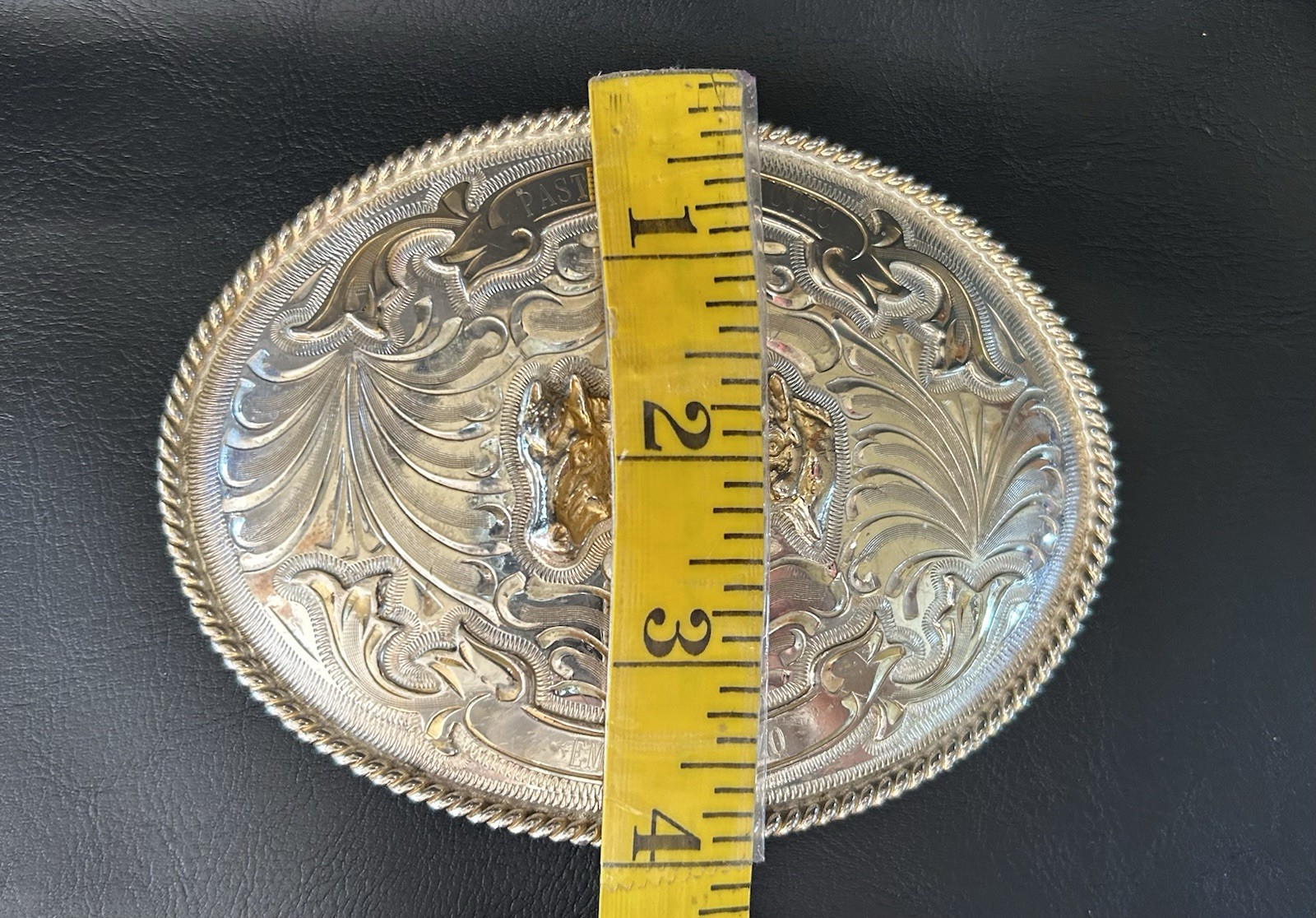Vintage Alpaca Mexico Belt Buckle Three Horse Heads Western Filigree