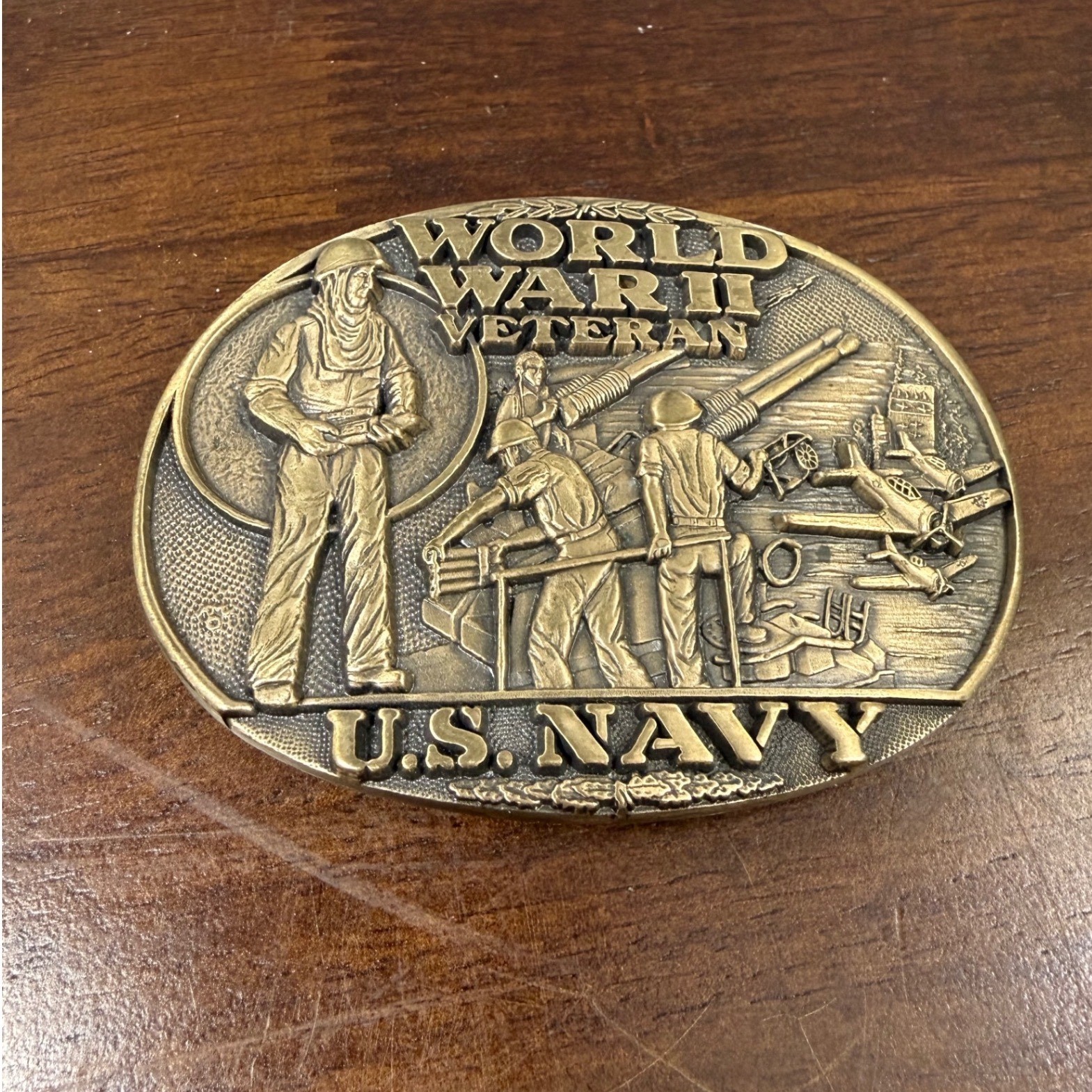 US Navy World War II Veteran Belt Buckle Solid Brass Award Design Medals No 51