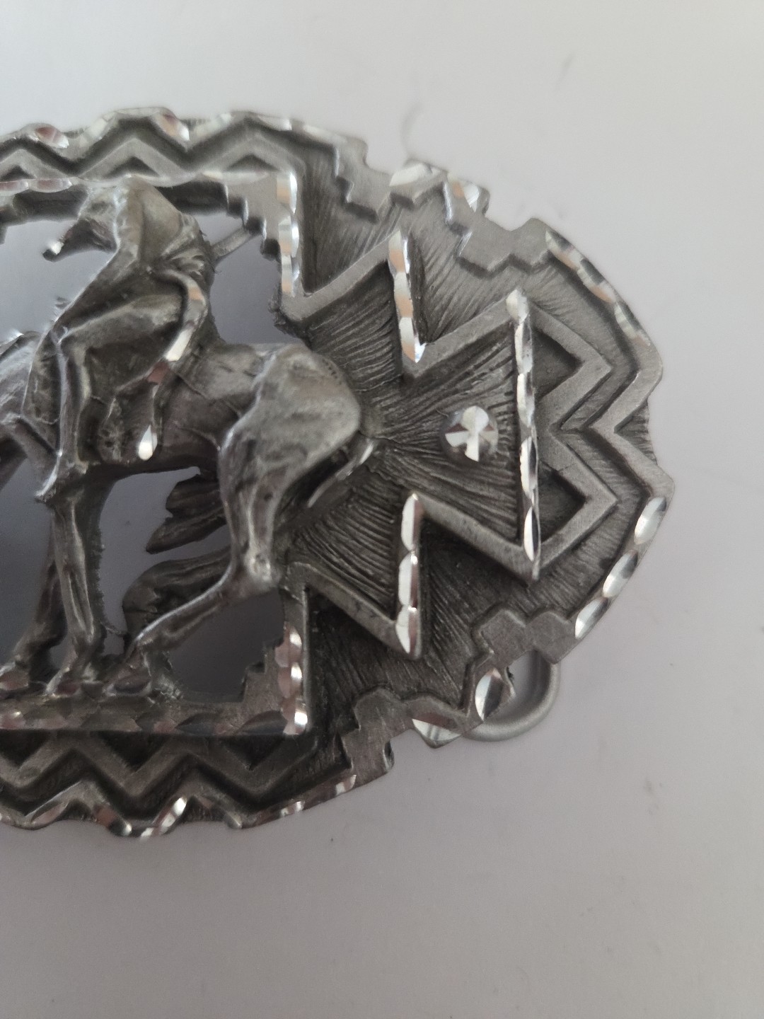 Metzke Vintage Diamond Cut Pewter Man Riding Horse Pewter Belt Buckle