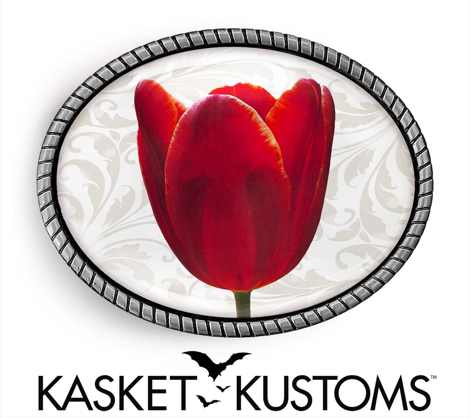 Red Tulip Belt Buckle – Flower Floral Pattern, Silver or Gold, Oval Rope Buckle