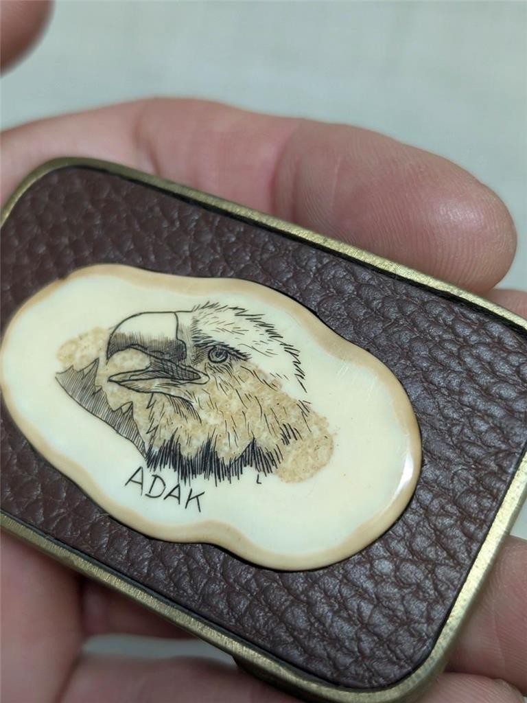 vintage EAGLE hand-etched ANTLER elk deer WESTERN belt buckle ALASKA adak inuit
