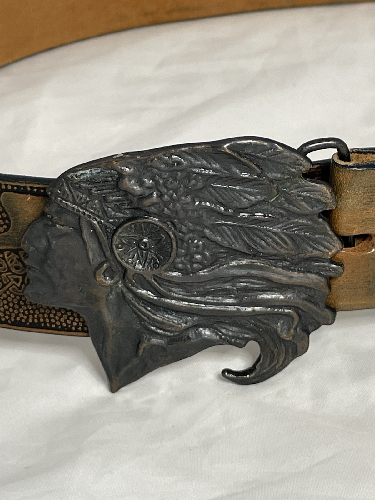 Leather Belt Embossed Eagles American Indian Belt Buckle Hand Stained Latitan