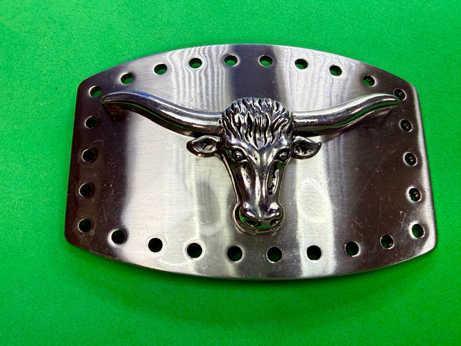 Longhorn Steer Skull Raised Silver Tone Large Belt Buckle With Hole Border