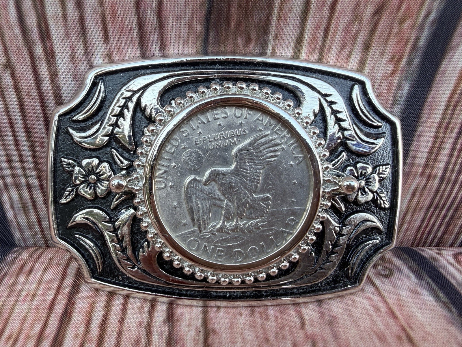 Western Belt Buckle Eagle Coin Design Silver Tone Floral Engraved USA