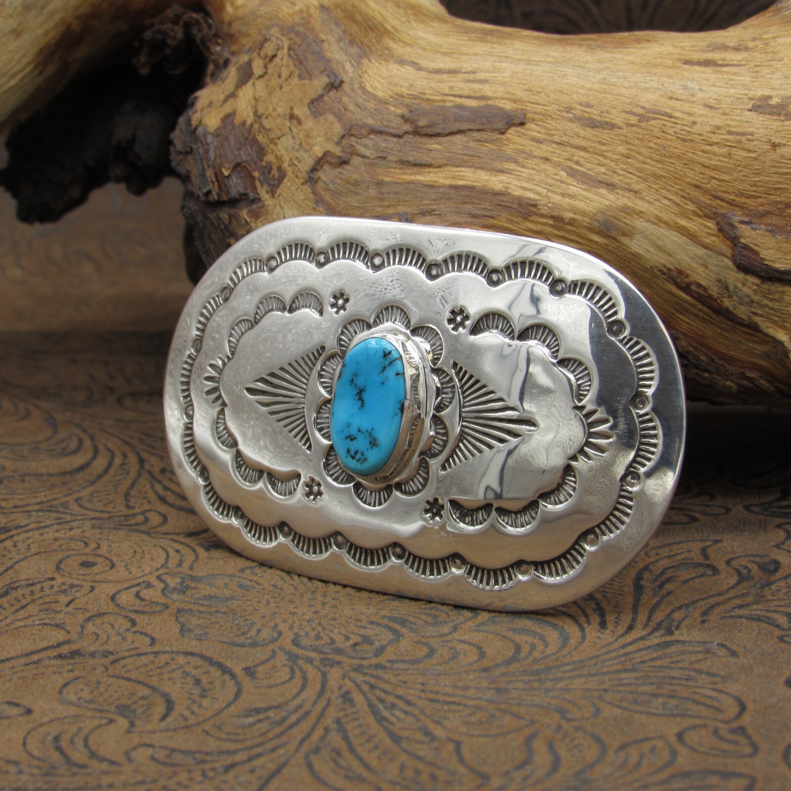 Zuni Turquoise Sterling Silver Stamp Work Buckle By Leonard & Geraldine Paquin