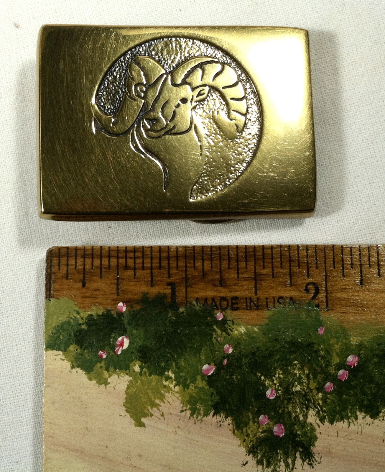 Vintage Solid Brass Big Horn Sheep Belt Buckle New in Pkg. BTS Basic Tool Supply