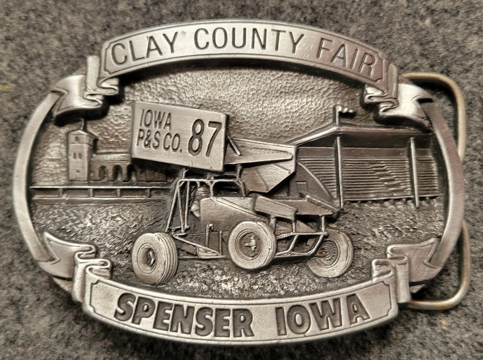 Clay County Fair Spenser, Iowa 1987 Pewter Belt Buckle. 4&Prime; x 2.5&Prime;