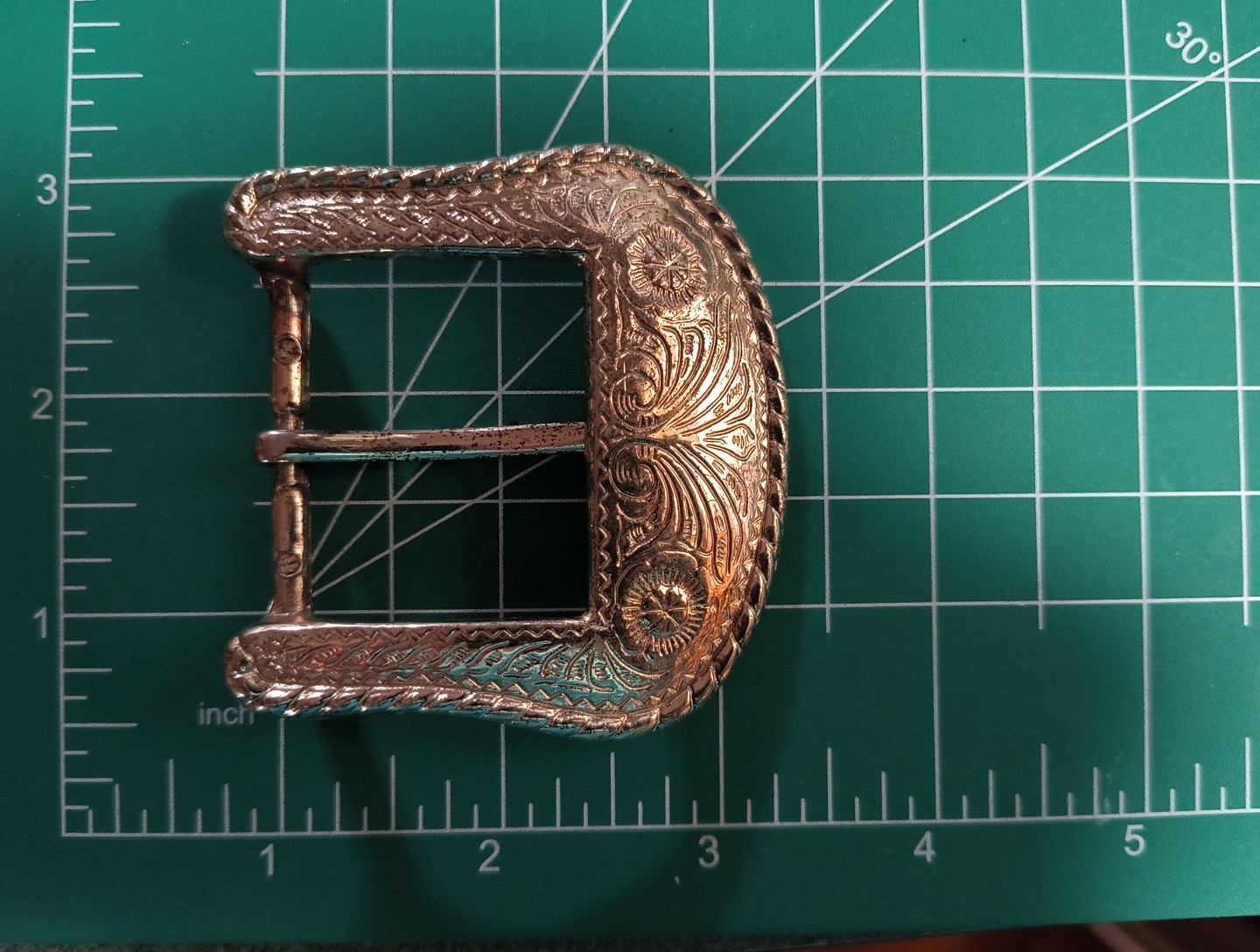 Vintage Western Style Belt Buckle Silver Tone Engraved Scroll Design
