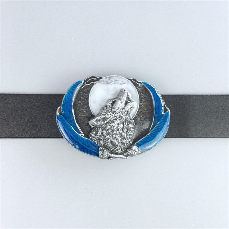 Blue Enamel Western Wolf Moon Oval Belt Buckle also Stock in the US