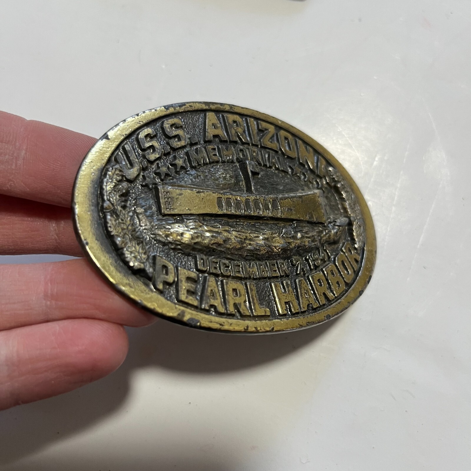 Vintage 1983 M.E.K. USS Arizona Memorial Pearl Harbor Metal Belt Buckle Limited