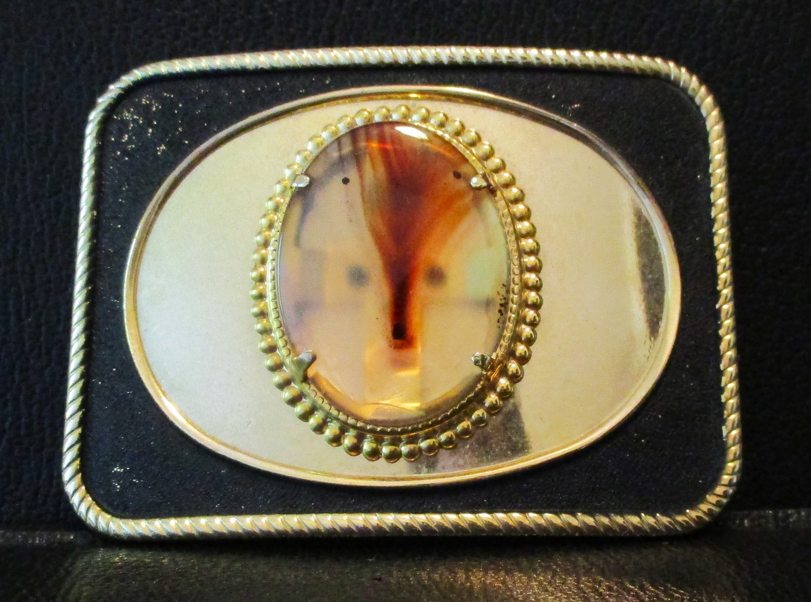 Vintage Brass Belt Buckle with Oval Shape Acrylic Looking Stone
