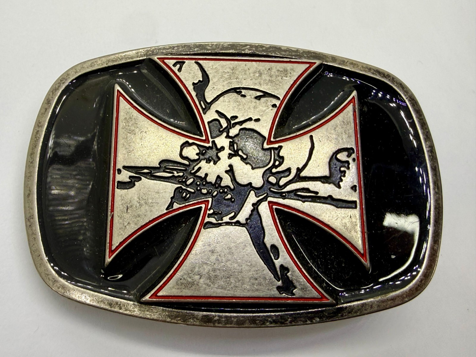 Maltese Iron Cross with Skull Cutout Black Enamel Gothic Punk Vibe Belt Buckle