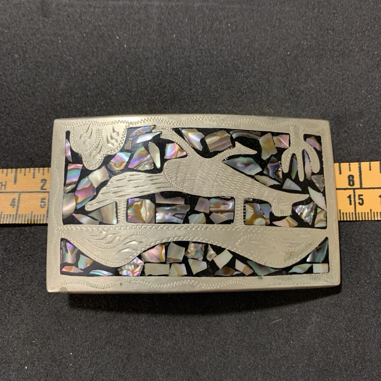 Western Belt Buckle with Roadrunner Bird Abalone Shell Southwest Cactus Inlaid