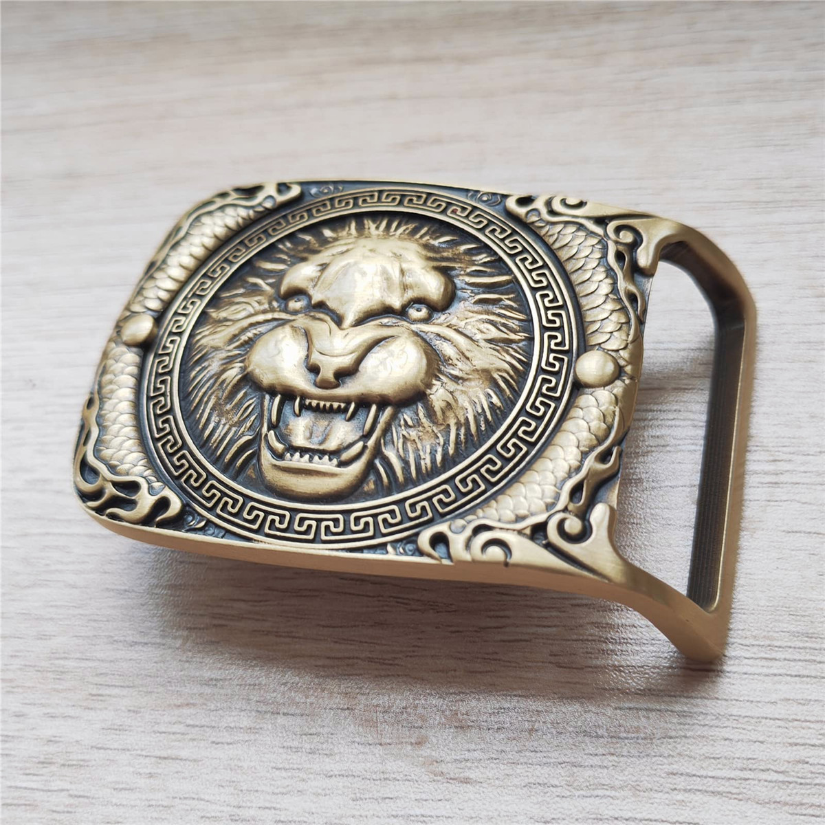 Green Eyes` Lion Head Solid Brass Belt Buckle Western Cowboy Vintage Antique