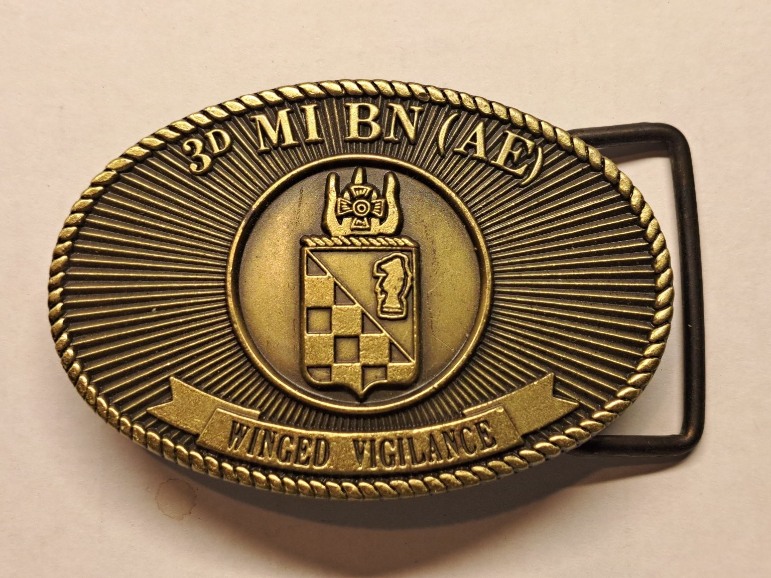3D MI BN (AE) Belt Buckle Gold Tone Winged Vigilance Military Army Brass