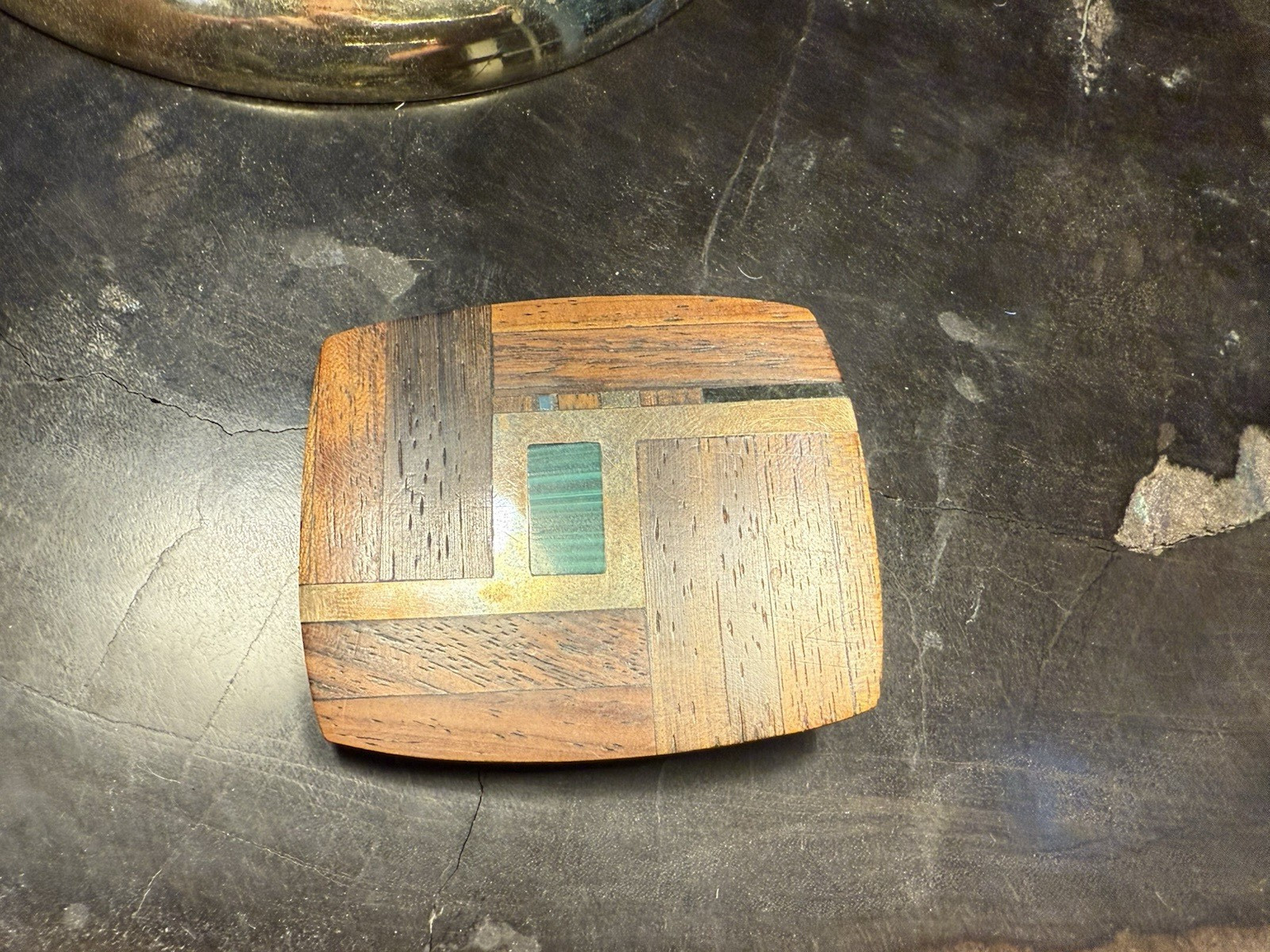 Vintage Belt Buckle With Wooden Brass and Stone Inlay