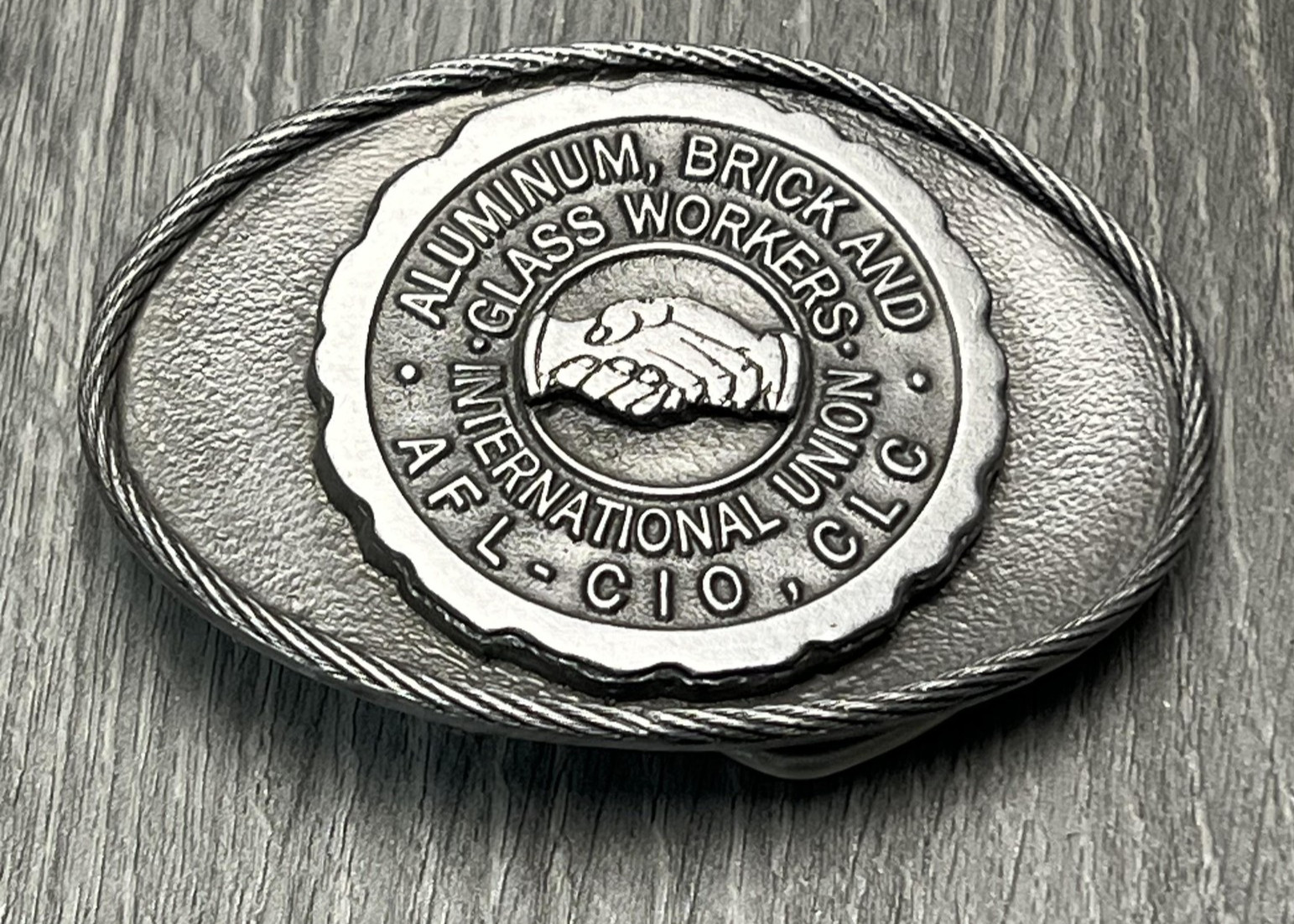 Vintage Aluminum Brick Glass Workers Union Belt Buckle Silver Tone Limited USA