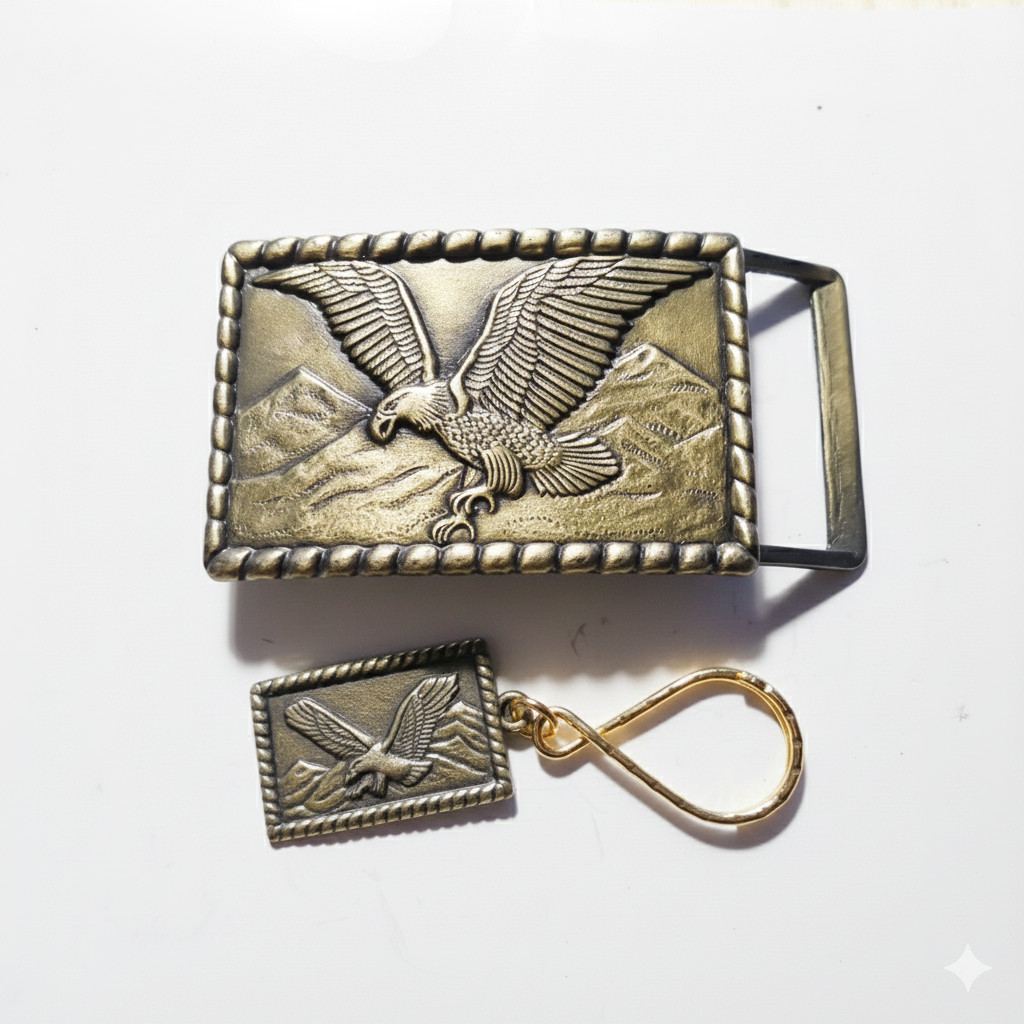 Brass American Eagle Belt Buckle And Keychain Combo Set Patriotic USA