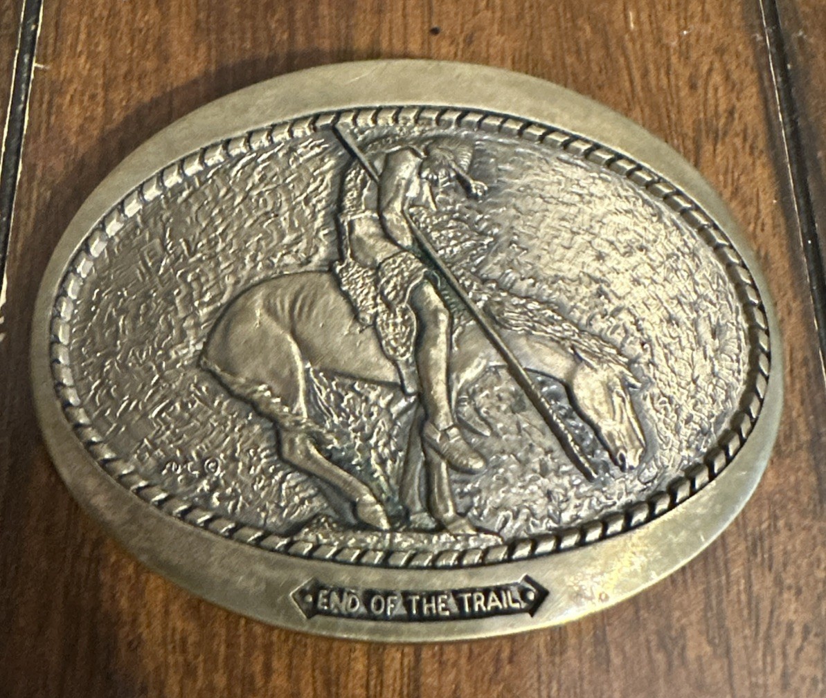 End of The Trail Indian Horse Cowboy Belt Buckle Solid Brass Vintage